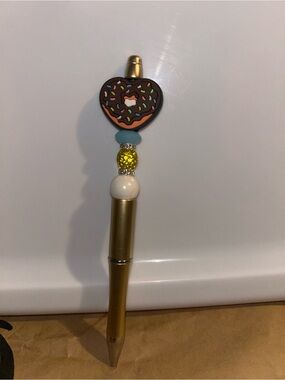 Hand Crafted Gold Pen with Brown Heart Donut Topper and Turquoise Bead